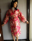 Magenta Floral Knee Length, Kimono Crossover Belted Robe-C5 fabric Code-3