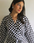 Black Polka Dots Knee Length, Kimono Crossover Belted Robe-4