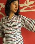 White Blue Striped Knee Length, Kimono Crossover Belted Robe-4