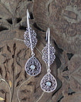 Temple Bloom Filigree Drops- Mandala-Inspired Brass Earrings with Spiral & Gem Detailing.