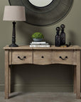 French provincial hardwood console with bleached finish, black iron handles, and spacious drawer for elegant storage. by Sostter at brixbailey.com