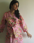 Pink Floral Knee Length, Kimono Crossover Belted Robe-2