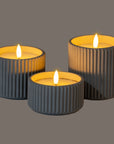 Large Grey Ribbed LED Candle with Natural Glow