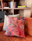 Coral watercolour art Cushion 'Pure shores' double sided design with starfish illustration, made from Vegan friendly Suede