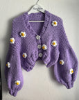 Hand-Knitted Chunky Kids Cardigan with Daisy Embellishments – Custom-Made in Any Size & Colour