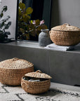 Luxury set of three handwoven water hyacinth baskets, premium sustainable storage for kitchen, hallway, or living room decor by Ella James at brixbailey.com
