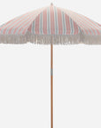 Luxury Umbria Parasol with Vintage Red and Green Stripes, Fringe Trim, Wooden Pole, Easy Storage, Premium Garden Umbrella by Ella James at brixbailey.com