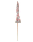 Luxury Umbria Parasol with vintage red and green stripes, fringe trim, wooden pole, easy storage, garden umbrella by Ella James at brixbailey.com
