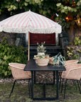 Luxury Umbria Parasol with Vintage Red and Green Stripes, Wooden Pole, Fringe Trim, Garden Umbrella for Stylish Outdoor Spaces by Ella James at brixbailey.com
