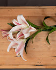 Handcrafted white and pink silk stargazer lily stem, hyper-realistic artificial flower for home decor by sostter at brixbailey.com