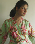 Mint Floral Knee Length, Kimono Crossover Belted Robe-2