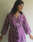 Purple Aztec Knee Length, Kimono Crossover Belted Robe-2