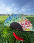 Colourful Silk folding hand fan 'kaleido-bloom' print with floral & nature filled rainbow design