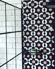 Premium FAIZA porcelain floor and wall tiles, stylish black white pink Moroccan pattern, anti-slip, indoor outdoor use, no sealing needed by Maria Starling Design at brixbailey.com