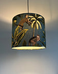 Jungle monkey cotton, in teal, drum lampshade /ceiling shade with a white lining