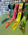 Green Silk satin 'Greenery' floral slinky silk scarf with insects and gem stones