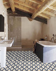 Luxury Moroccan cement tiles, yellow and black bathroom kitchen tiles, handcrafted vibrant patterns, premium high-traffic flooring by Maria Starling Design at brixbailey.com