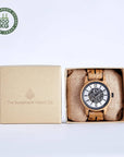 Premium olive wood watch for men, handcrafted upcycled wood grain, exposed mechanics, glass back, stylish lightweight design by The Sustainable Watch Company at brixbailey.com
