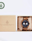 Luxury vegan watch, handcrafted upcycled zebrawood bezel and band, black face with day date dials, premium wooden watch for men by The Sustainable Watch Company at brixbailey.com
