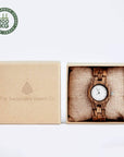 Luxury handcrafted zebrawood watch for women, sustainable reclaimed wood, natural brown grain, minimalist bright dial by The Sustainable Watch Company at brixbailey.com