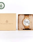 Premium handmade recycled olive wood watch with gold metal links, stylish sustainable teak wood timepiece by The Sustainable Watch Company at brixbailey.com