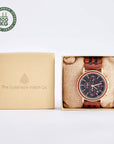 Luxury handmade chronograph watch, upcycled natural wood furniture, eco-friendly, gold red black deep brown, recycled red sandalwood ebony, mens wood watch by The Sustainable Watch Company at brixbailey.com
