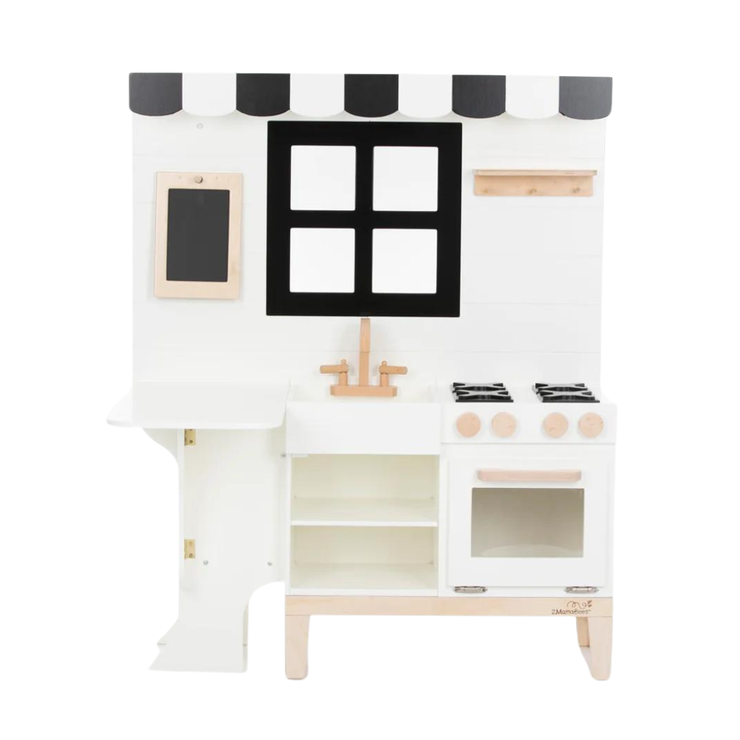 White and black farmhouse play kitchen by 2MamaBees with chalkboard and turning faucet at www.brixbailey.com