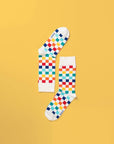 Luxury white and grey checkered socks, premium cotton blend, stylish chess-inspired design, best-selling unisex footwear, comfortable elasticated fit by Body and I at brixbailey.com