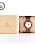 Magnolia luxury wooden watch for women, elegant sustainable red sandalwood timepiece with gold accents, handcrafted recycled wood by The Sustainable Watch Company at brixbailey.com