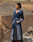 Luxury upcycled denim trench coat, patchwork multicolor, handcrafted premium cotton, stylish notch collar, tie-up belt, ethically made in India by Bethikal at brixbailey.com