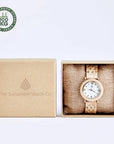 Luxury upcycled wood watch for women, handcrafted recycled maple wood, white face with gold accents, natural birch wood by The Sustainable Watch Company at brixbailey.com
