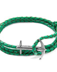 Admiral Anchor Silver and Braided Leather Bracelet - Fern Green