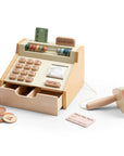 Premium wooden cash register toy, realistic play with coins, scanner, credit cards, and receipt roll, educational fun for kids by Ella James at brixbailey.com