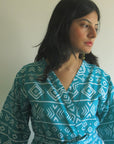 Teal Aztec Knee Length, Kimono Crossover Belted Robe-2