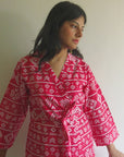 Red Aztec Knee Length, Kimono Crossover Belted Robe-2