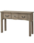 French provincial hardwood console with bleached finish, black iron handles, and spacious drawer for elegant living room storage by Sostter at brixbailey.com