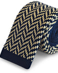 navy blue and ivory cream herringbone knitted tie