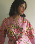 Pink Floral Knee Length, Kimono Crossover Belted Robe-3
