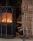 Antique Pewter Fire Companion Set | Hand Turned Wooden Handles