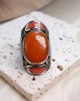 Tibetan Silver Mosaic Ring – Turquoise, Coral, Amber & Lapis