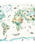 Hand-painted wildlife world map print for children