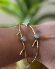 Turquoise/Moonstone Twig Open Brass Bangle - Nature-inspired twig bangle with turquoise stones—bold and earthy.