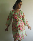 Mint Floral Knee Length, Kimono Crossover Belted Robe-3
