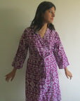 Purple Aztec Knee Length, Kimono Crossover Belted Robe-3