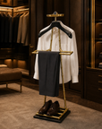 Luxury Dressboy Vintage Brass & Black Leather Valet Suit & Clothes Stand
