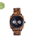 Luxury vegan wood watch for men, handcrafted upcycled zebrawood bezel and band, black face with day date dials, deep brown multi-tonal by The Sustainable Watch Company at brixbailey.com