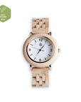 Luxury upcycled maple wood watch for women, handcrafted recycled wood, white dial, gold accents, natural wood tones by The Sustainable Watch Company at brixbailey.com
