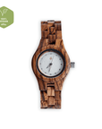 Premium sustainable Zebrawood watch for women, handcrafted reclaimed wood, natural brown grain, minimalist bright dial by The Sustainable Watch Company at brixbailey.com