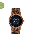 Luxury natural wood watch for men, handcrafted brown zebrawood grain, upcycled vegan timepiece, stylish eco-friendly design by The Sustainable Watch Company at brixbailey.com