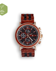 Premium handmade chronograph watch, upcycled natural wood furniture, eco-friendly, gold red black deep brown tones, recycled red sandalwood ebony, mens wood watch by The Sustainable Watch Company at brixbailey.com